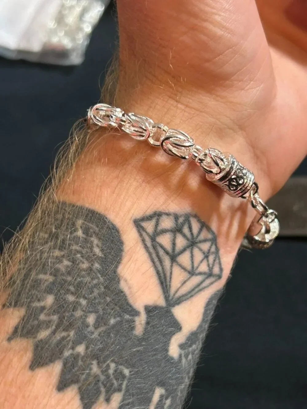 Men's Silver Byzantine Link Bracelet Thick Cage Weave Chain Ornate End Caps 8.5