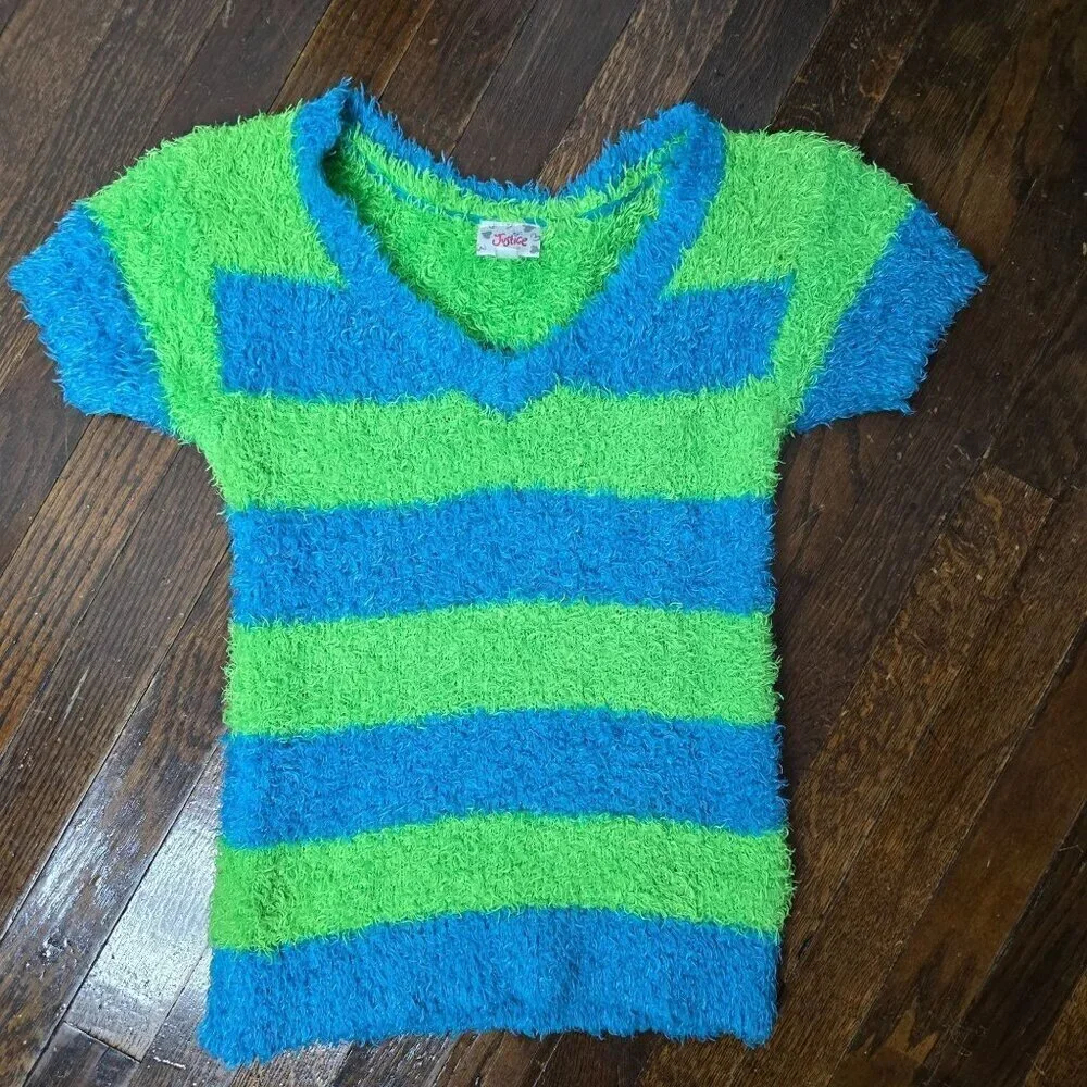 Y2K Style Justice Neon Green Blue Stretchy Fuzzy Baby doll Top