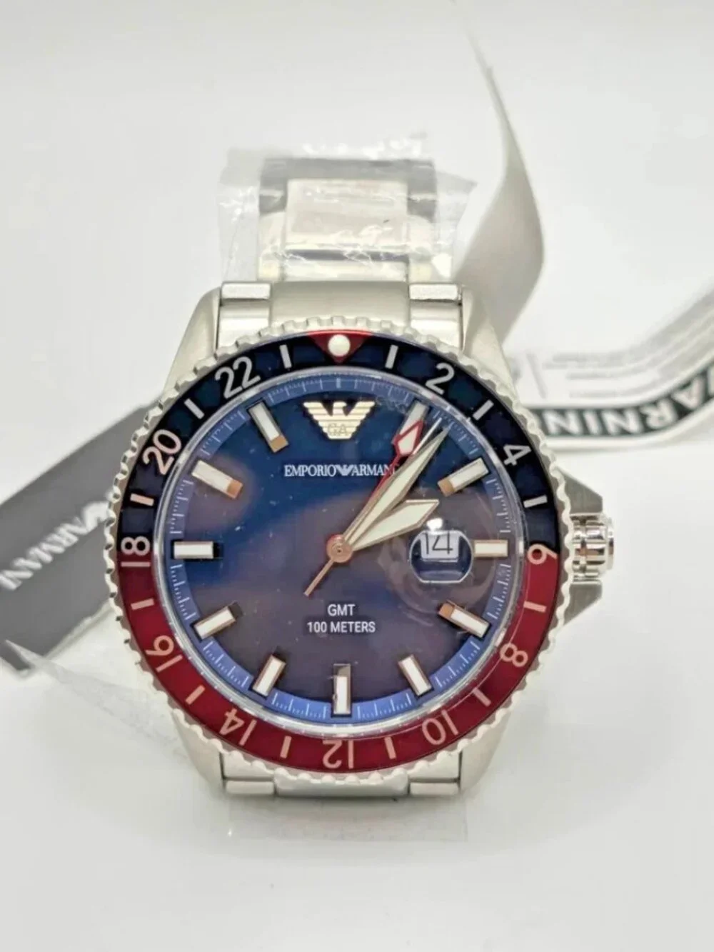 Emporio Armani AR11590 Mens GMT Watch Blue Red Bezel Stainless Steel Bracelet
