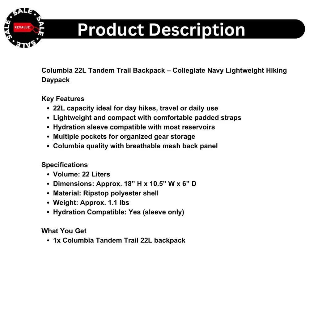 Columbia 22L Tandem Trail Backpack – Collegiate‎ Navy Lightweight Hiking Daypack