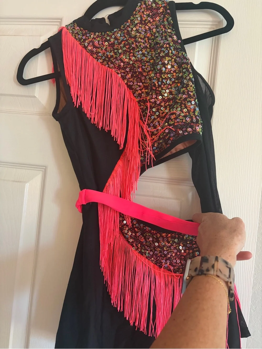 Black Dance Costume with Neon Pink iridescent Sequin Accents