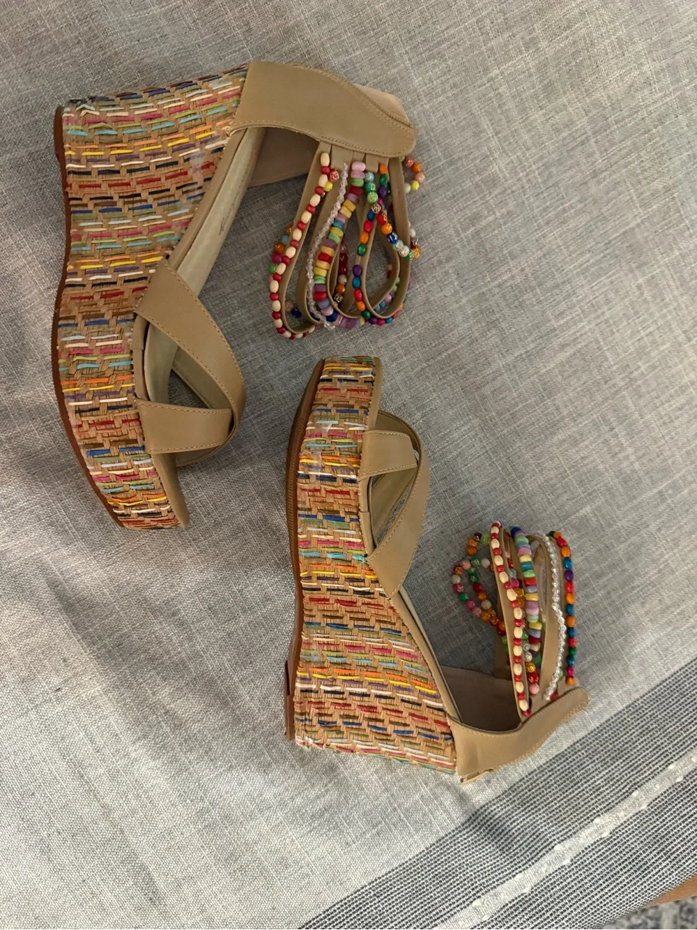 Tan Espadrille Wedge Sandals with Multicolor Beaded Straps