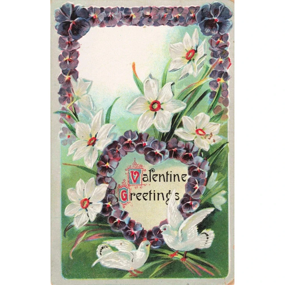 Antique 1912 Valentine Greetings Postcard RPPC Embossed Pansy Doves Saxony
