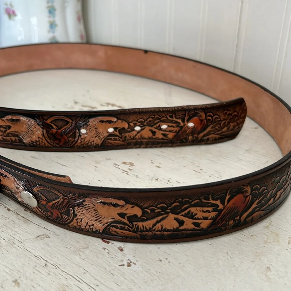 Vintage handmade tooled leather Eagle & mountains belt brass buckle 44”-48”