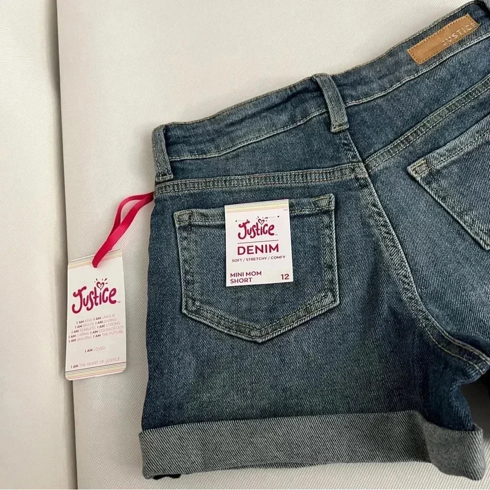 Justice Girls Mini Mom Destroyed Blue Denim Shorts Size 12 Cuffed Hem Pockets