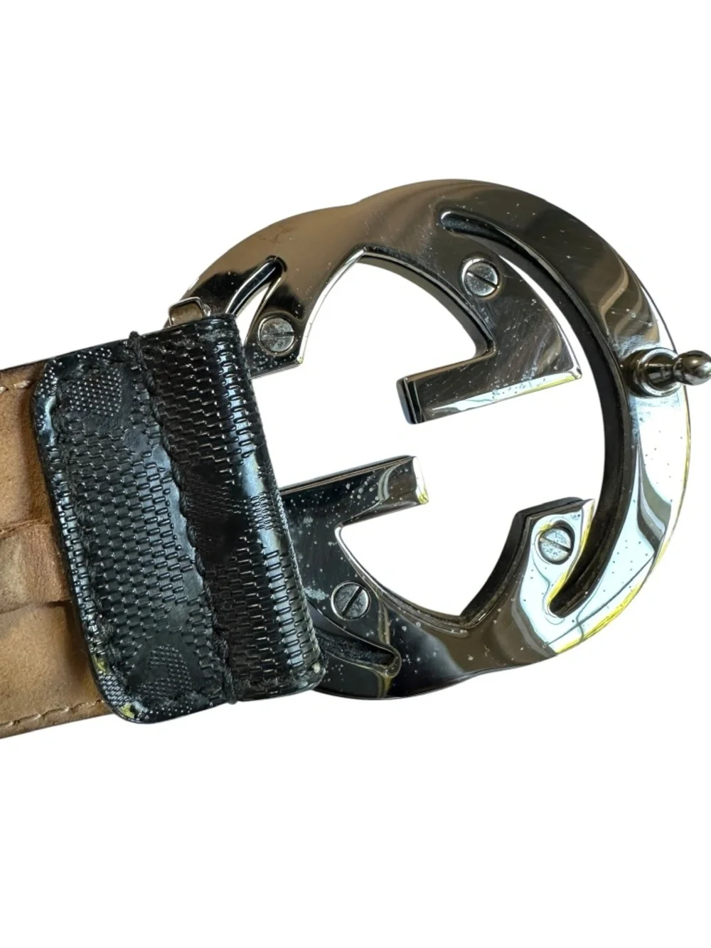 Authentic GUCCI Leather Belt With Black GG Interlocking Imprime Canvas 48 Large