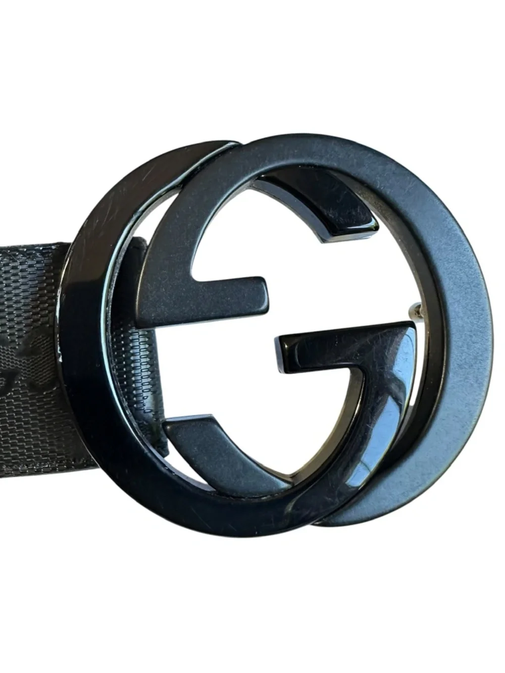 Authentic GUCCI Leather Belt With Black GG Interlocking Imprime Canvas 48 Large