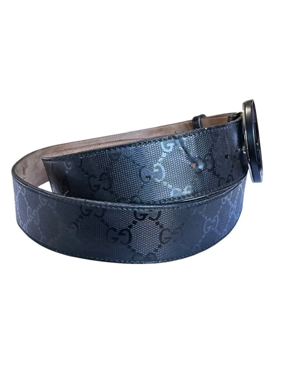Authentic GUCCI Leather Belt With Black GG Interlocking Imprime Canvas 48 Large