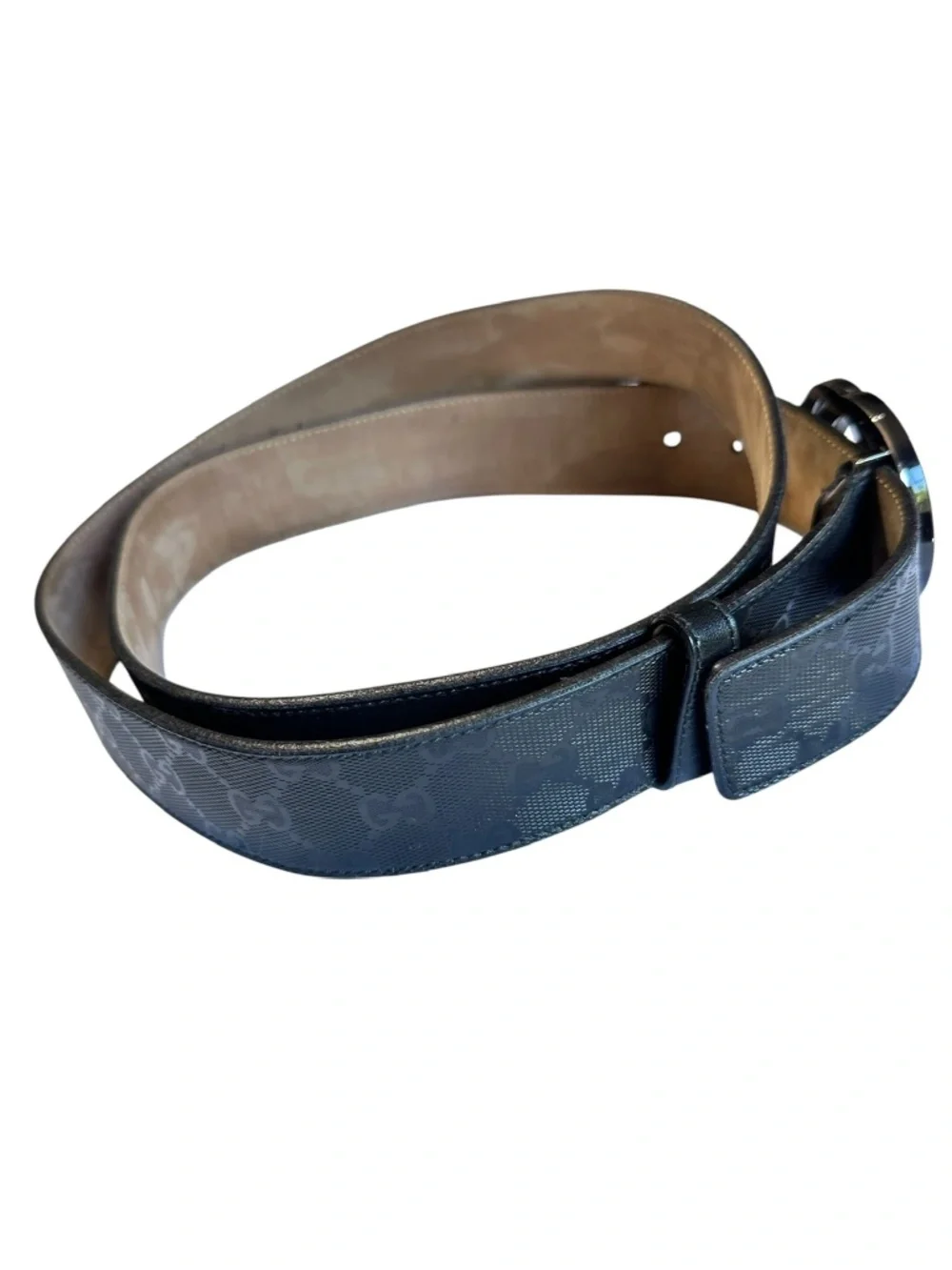 Authentic GUCCI Leather Belt With Black GG Interlocking Imprime Canvas 48 Large