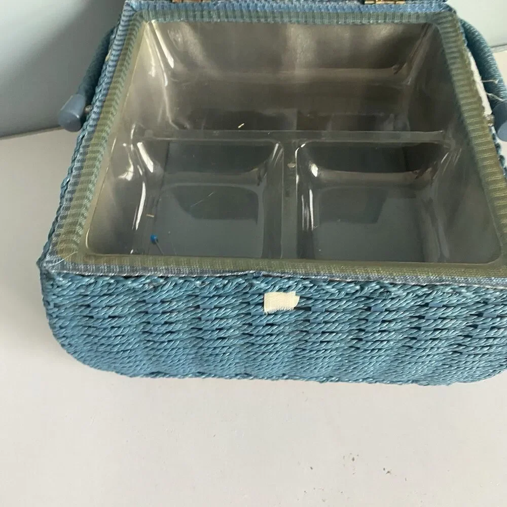 Floral Wicker Sewing Basket w Handle, Compartment Blue 10” X 10” X 7”