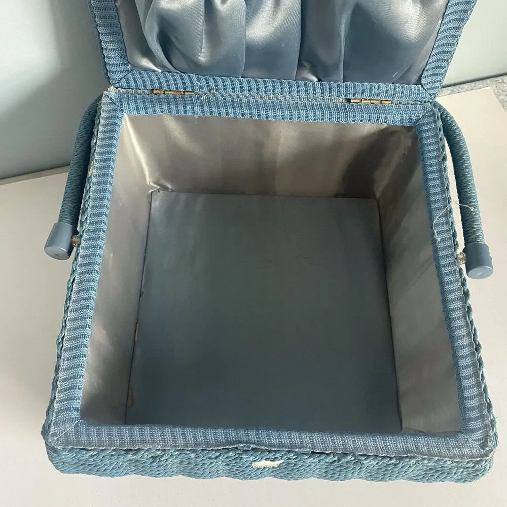 Floral Wicker Sewing Basket w Handle, Compartment Blue 10” X 10” X 7”