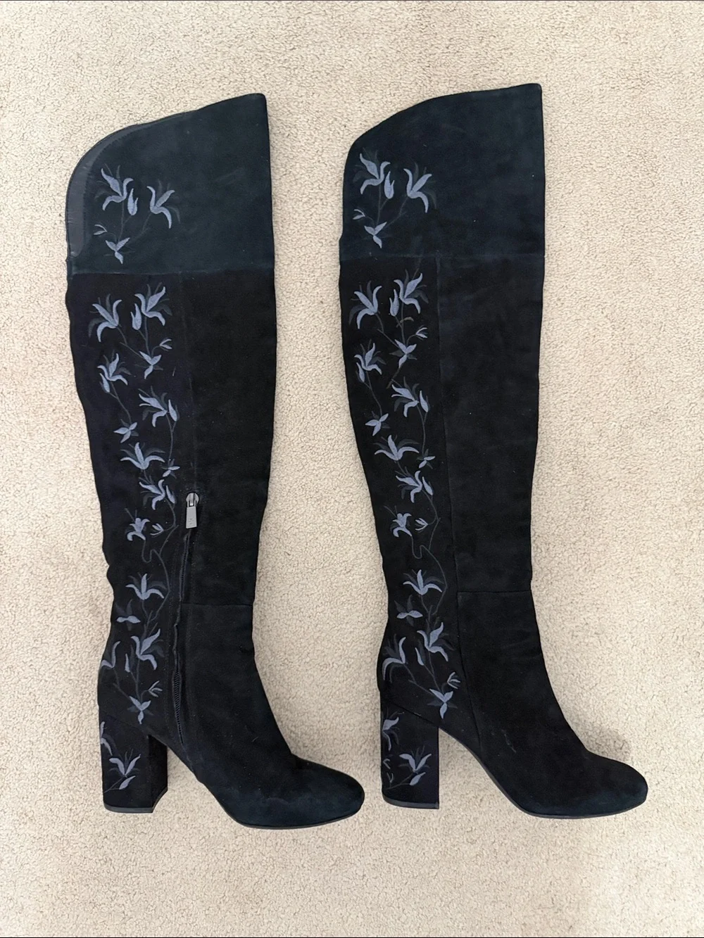 Kenneth Cole Claire Black Suede Embroidered Heel Boots size 6.5 Over the Knee