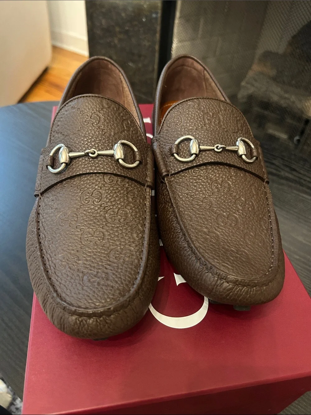 Gucci Embossed Monogram Brown Leather Driving Loafers with Silver Horsebit Detai