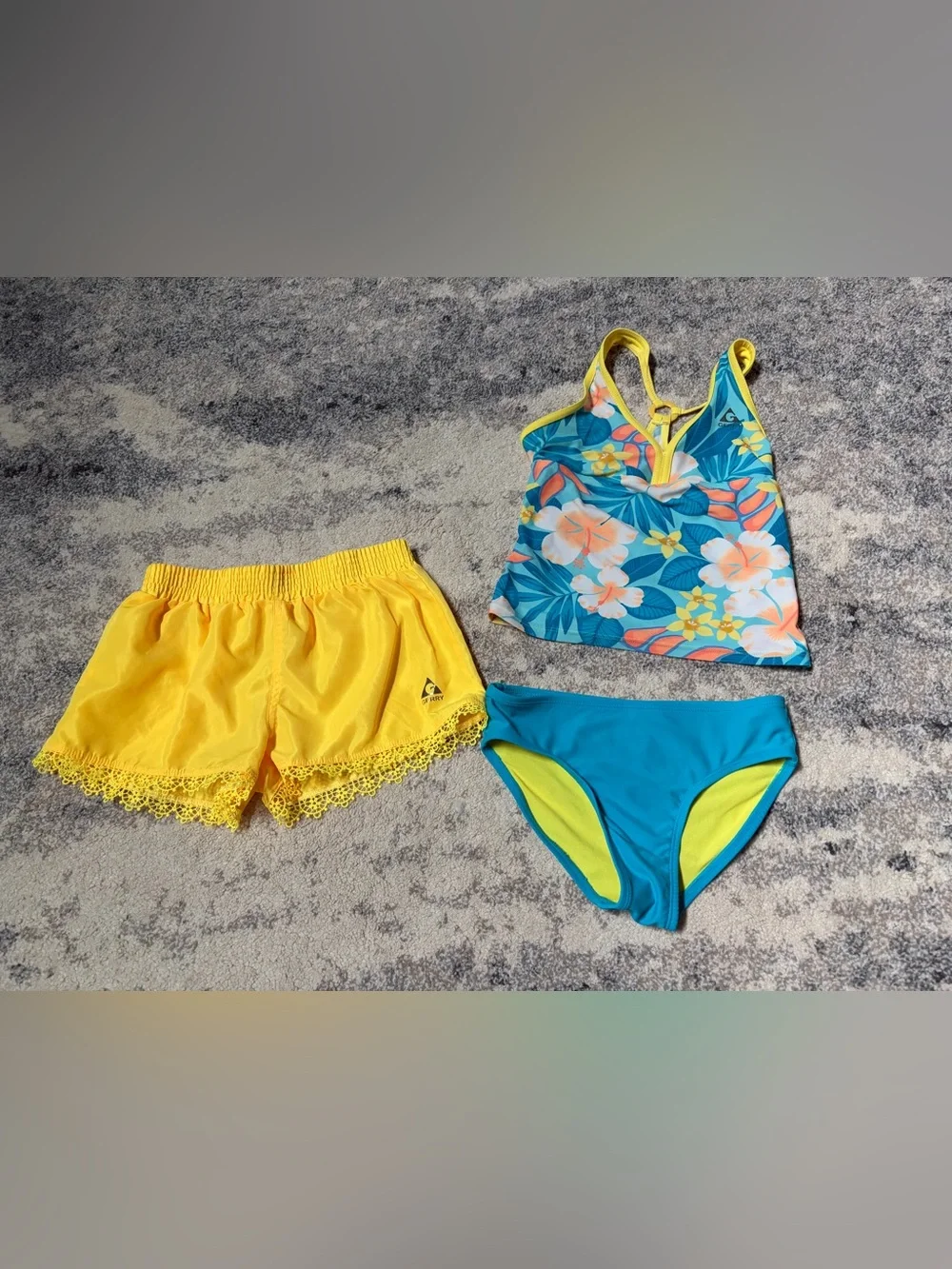 Girls' Tropical Blue Floral Tankini with Yellow Shorts