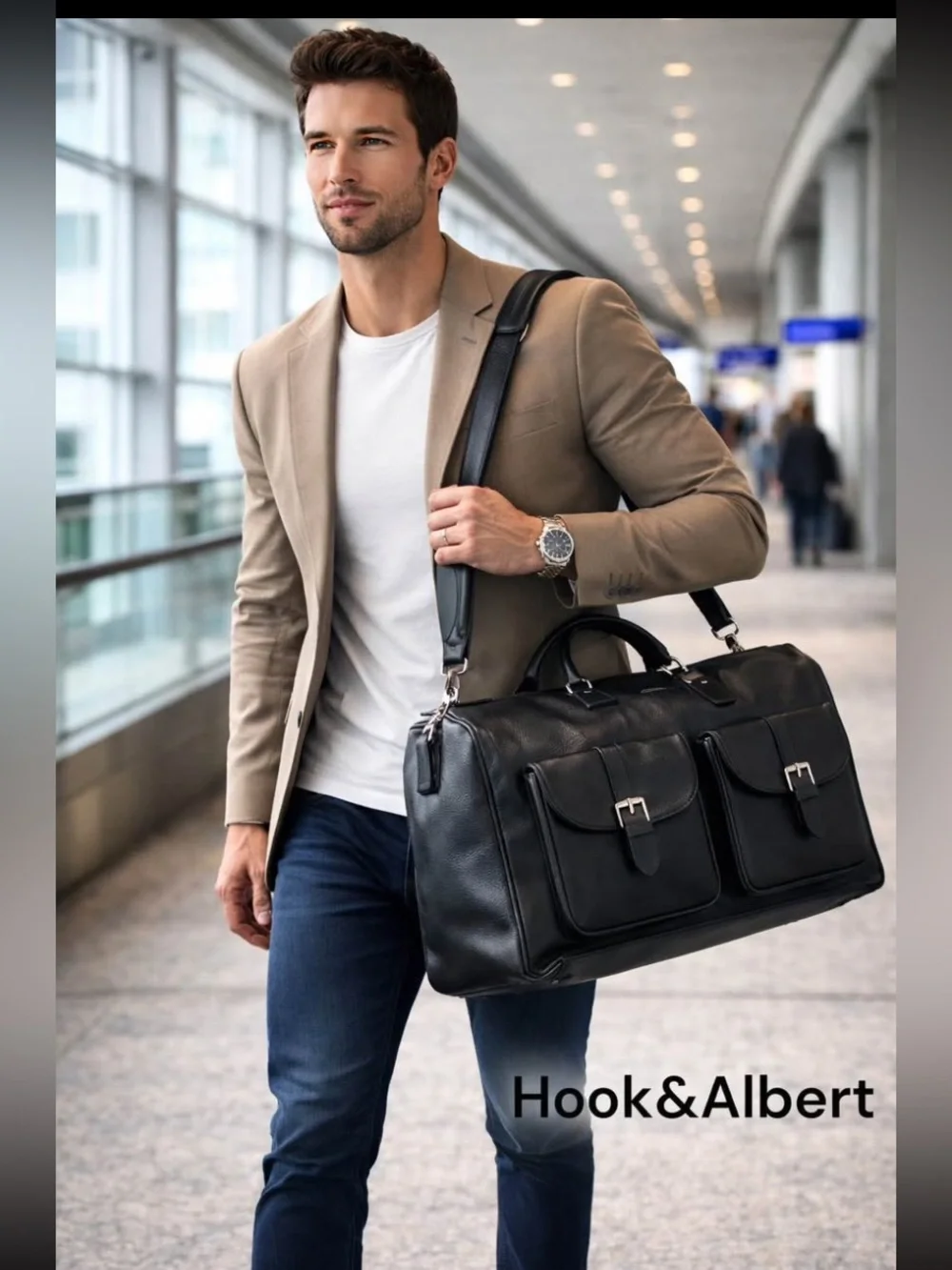 HOOK + ALBERT Black Leather Garment Weekender Bag