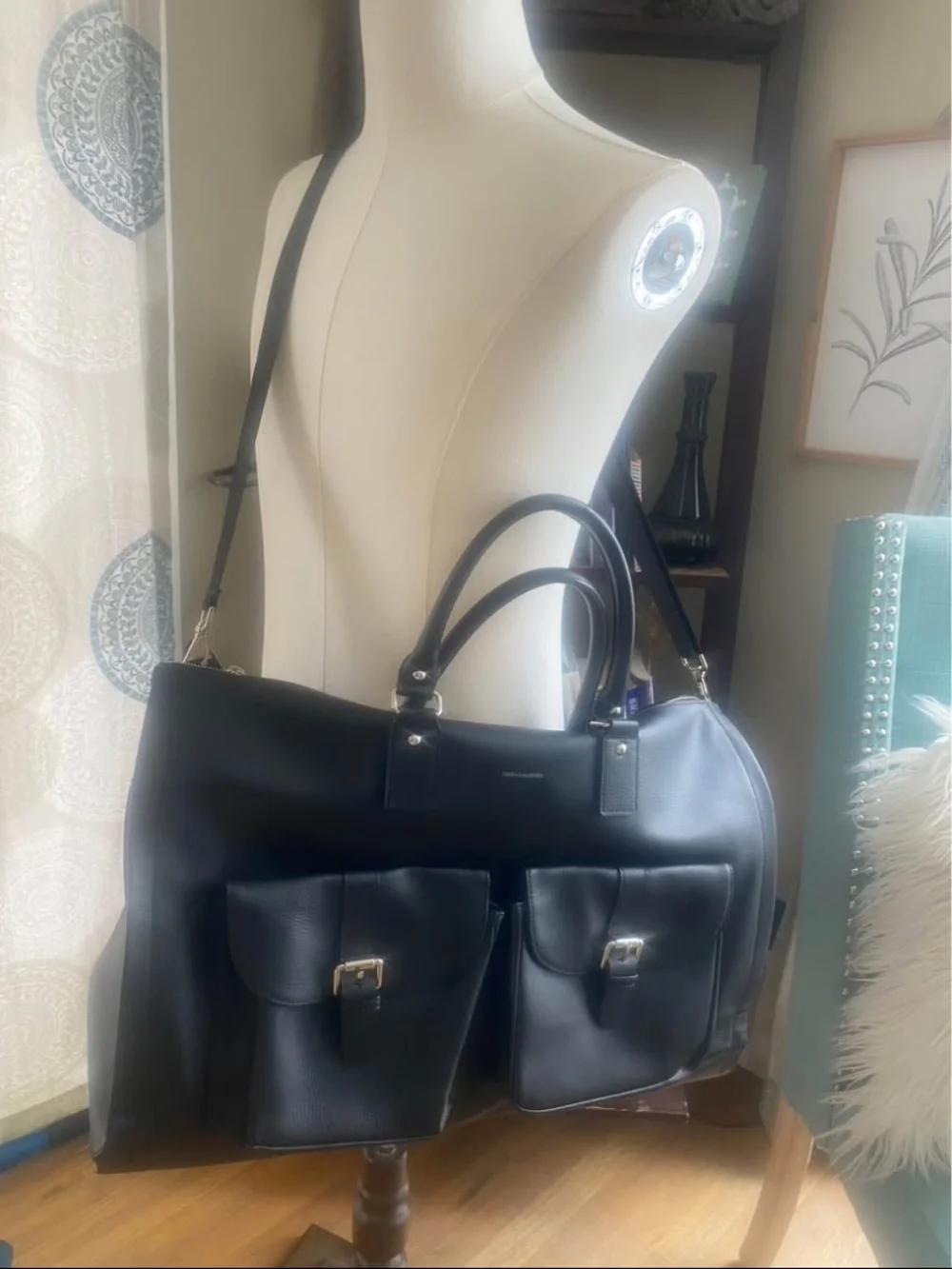 HOOK + ALBERT Black Leather Garment Weekender Bag
