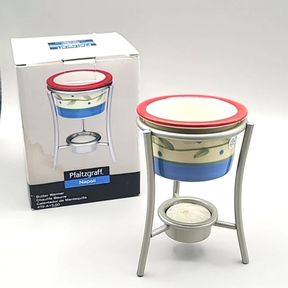 Pfaltzgraff Butter Warmer with Cup & Metal Stand Napoli Stoneware, NIB