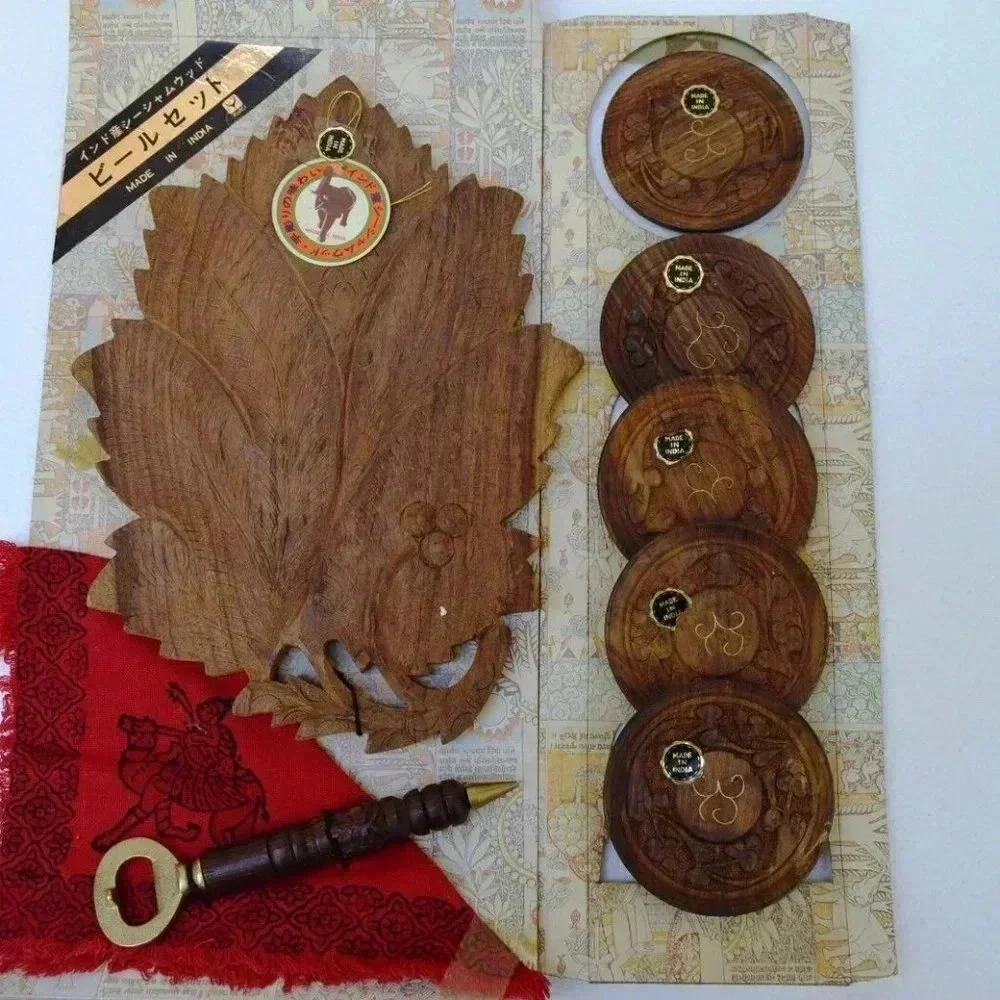 Vintage Mid Century Wooden Hand Carved Leaf Server, Coaster & Bottle Opener Set