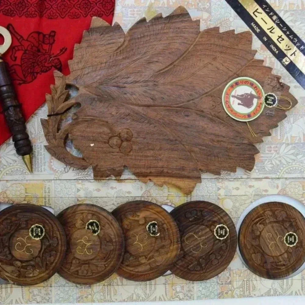 Vintage Mid Century Wooden Hand Carved Leaf Server, Coaster & Bottle Opener Set