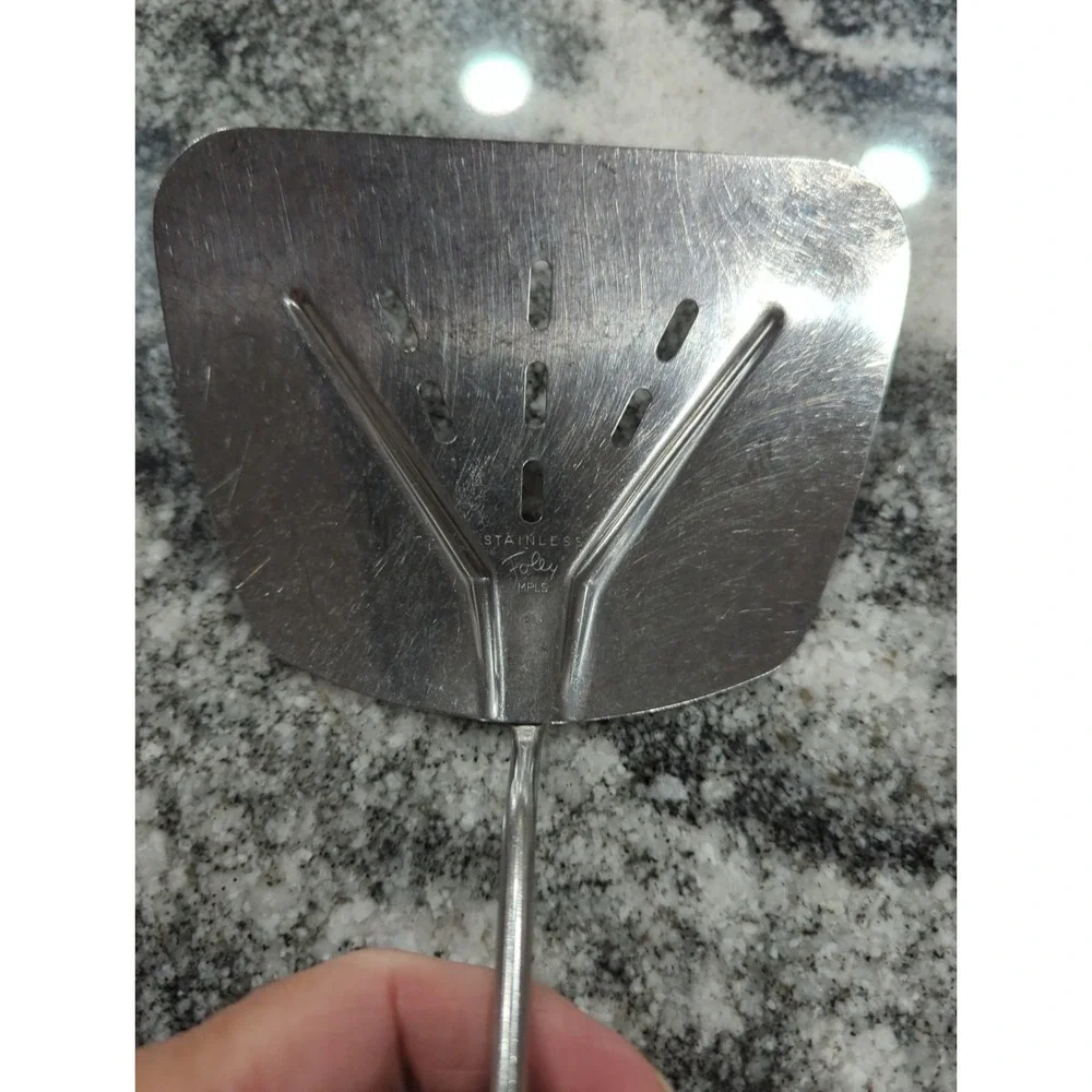 Vintage Foley Stainless Steel Spatula, Black Handle Wide Slotted Curved USA