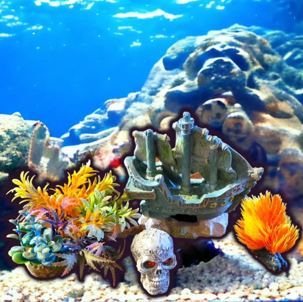 Vtg Aquarium Fish Tank Resin Shipwreck Sunken Pirate Treasure Ship Skull Plants