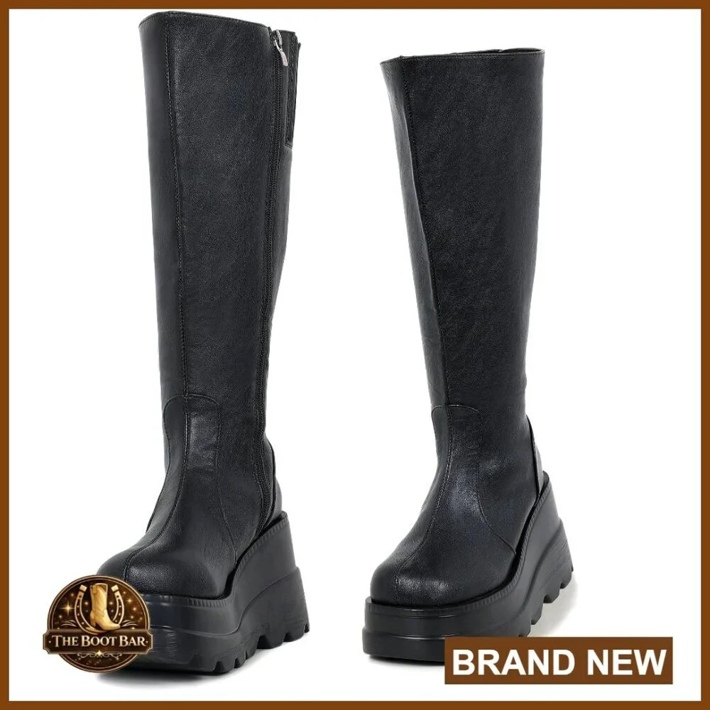 Chunky Platform Knee High Boots Wedge Heel Combat Punk Motorcycle Style