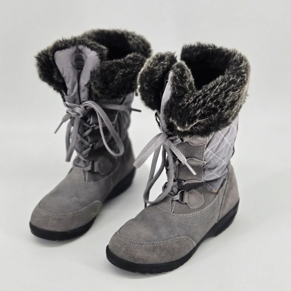 Lands' End Grey Suede Quilted Faux Fur Winter Snow Boots Comfort Shoes 6 VGUC