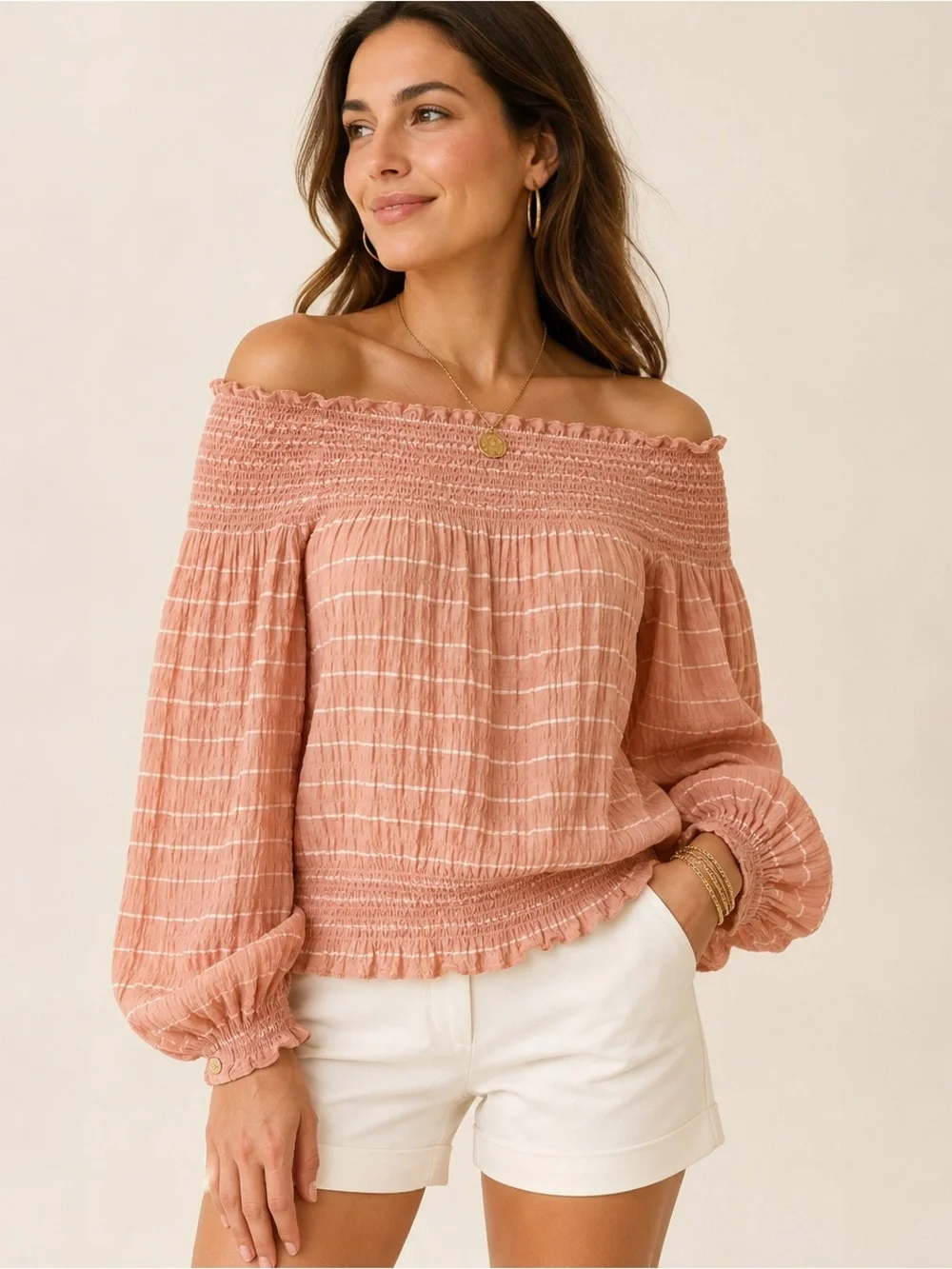 Tory Burch Pink Striped Silk Blend Smocked Off Shoulder Blouse Size 10