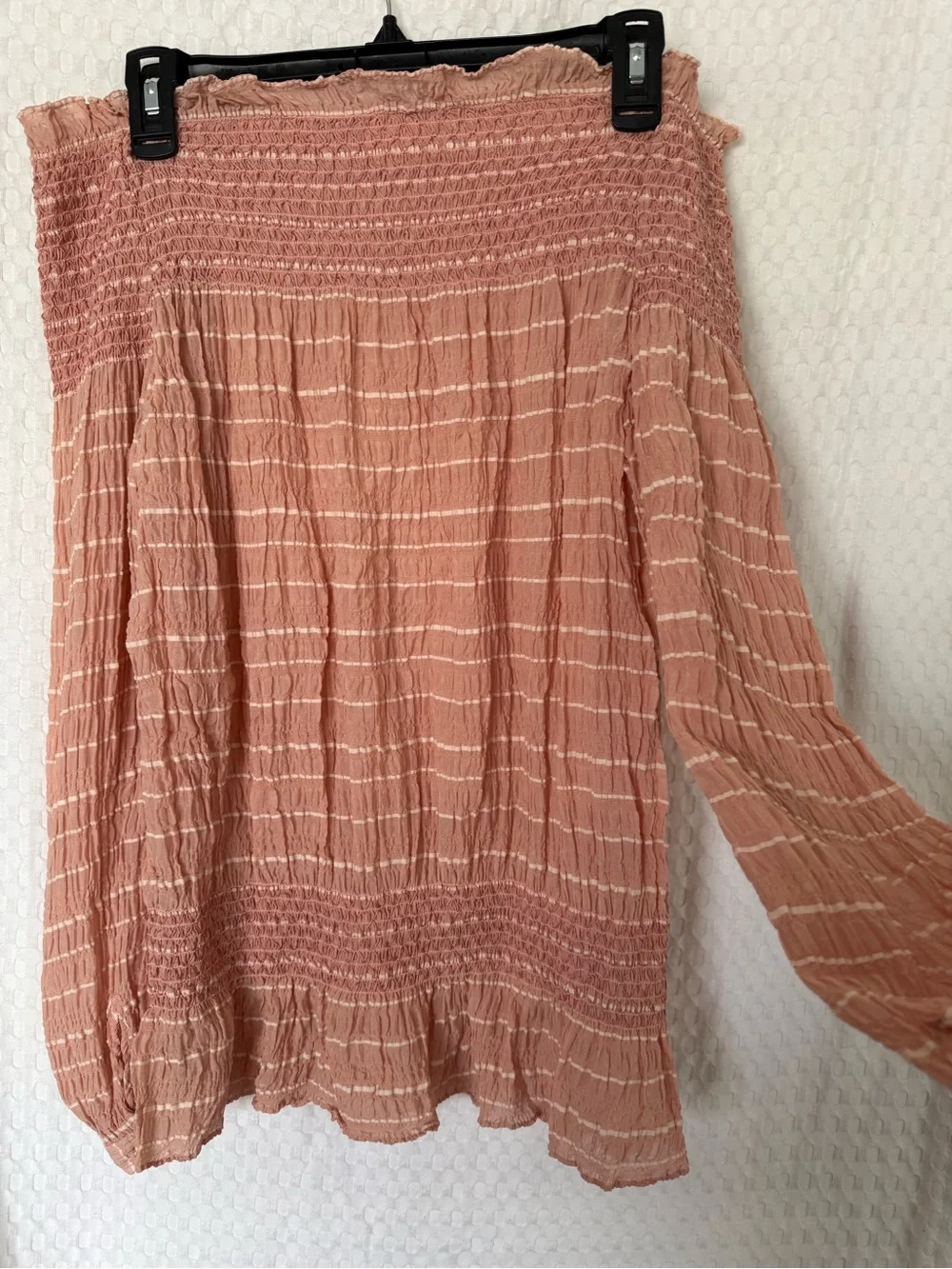 Tory Burch Pink Striped Silk Blend Smocked Off Shoulder Blouse Size 10