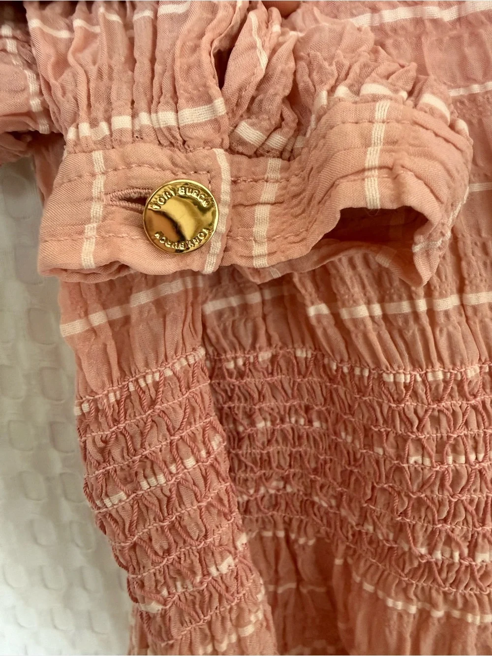 Tory Burch Pink Striped Silk Blend Smocked Off Shoulder Blouse Size 10