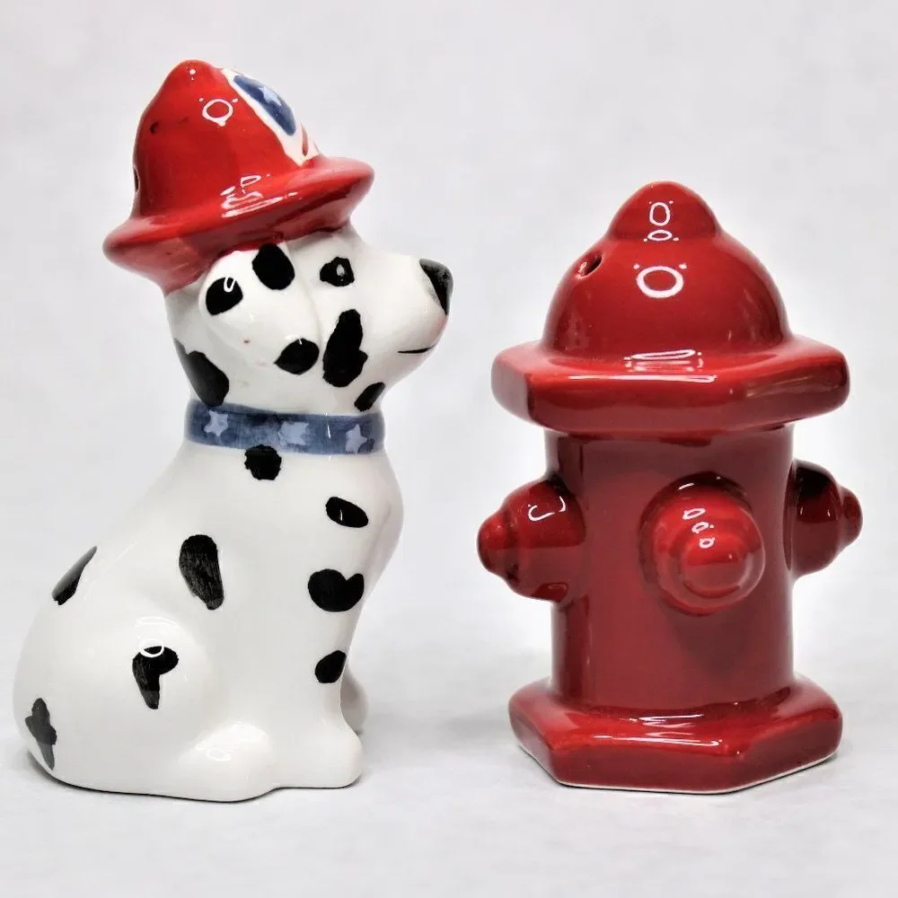 Collectable Dalmatian Puppy Dog & Red Fire Hydrant Salt & Pepper Shakers