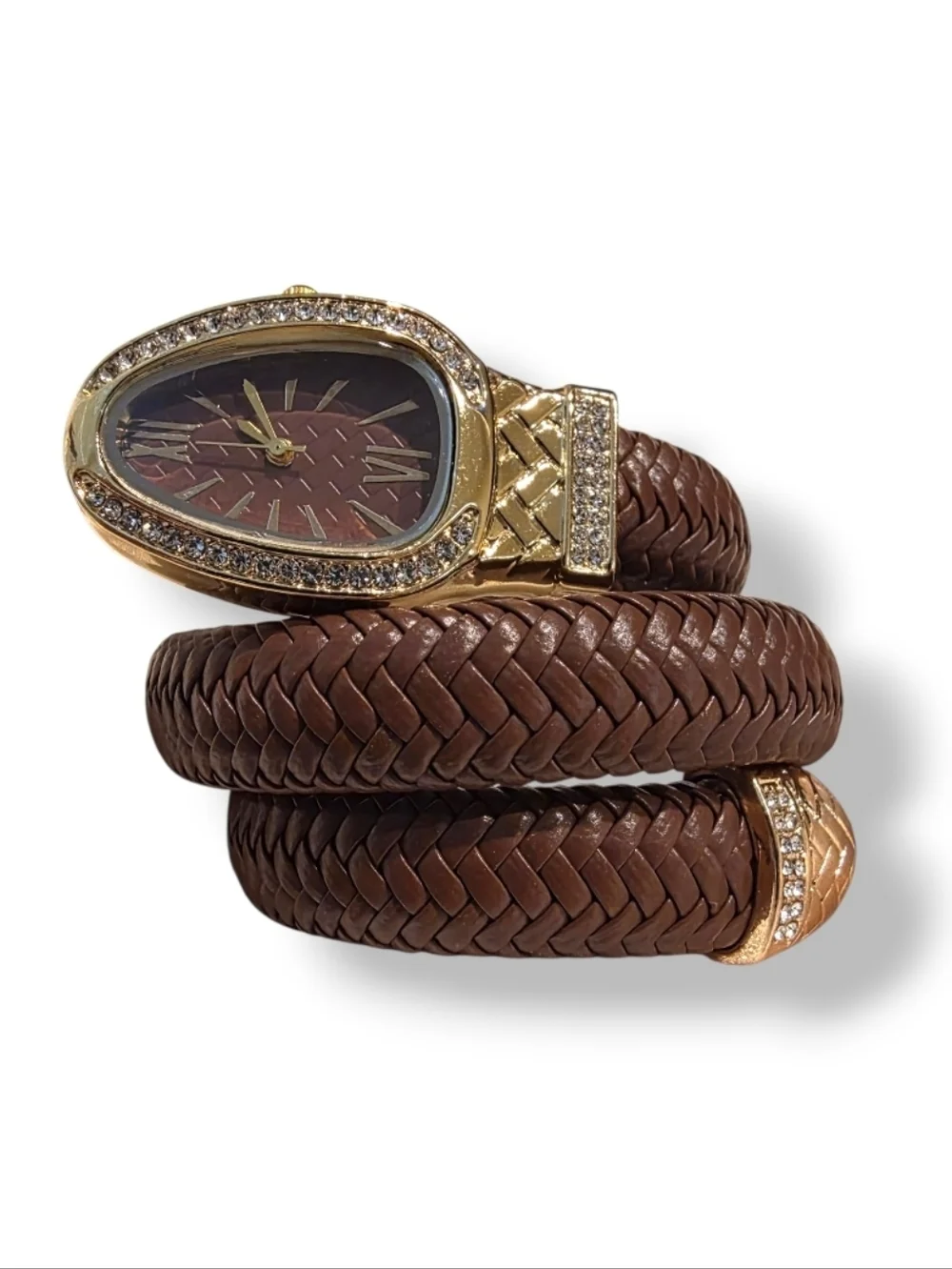 New! Serpent Wrap Watch • Brown Braided Leather Coil • Gold Crystal Bezel •NWOT