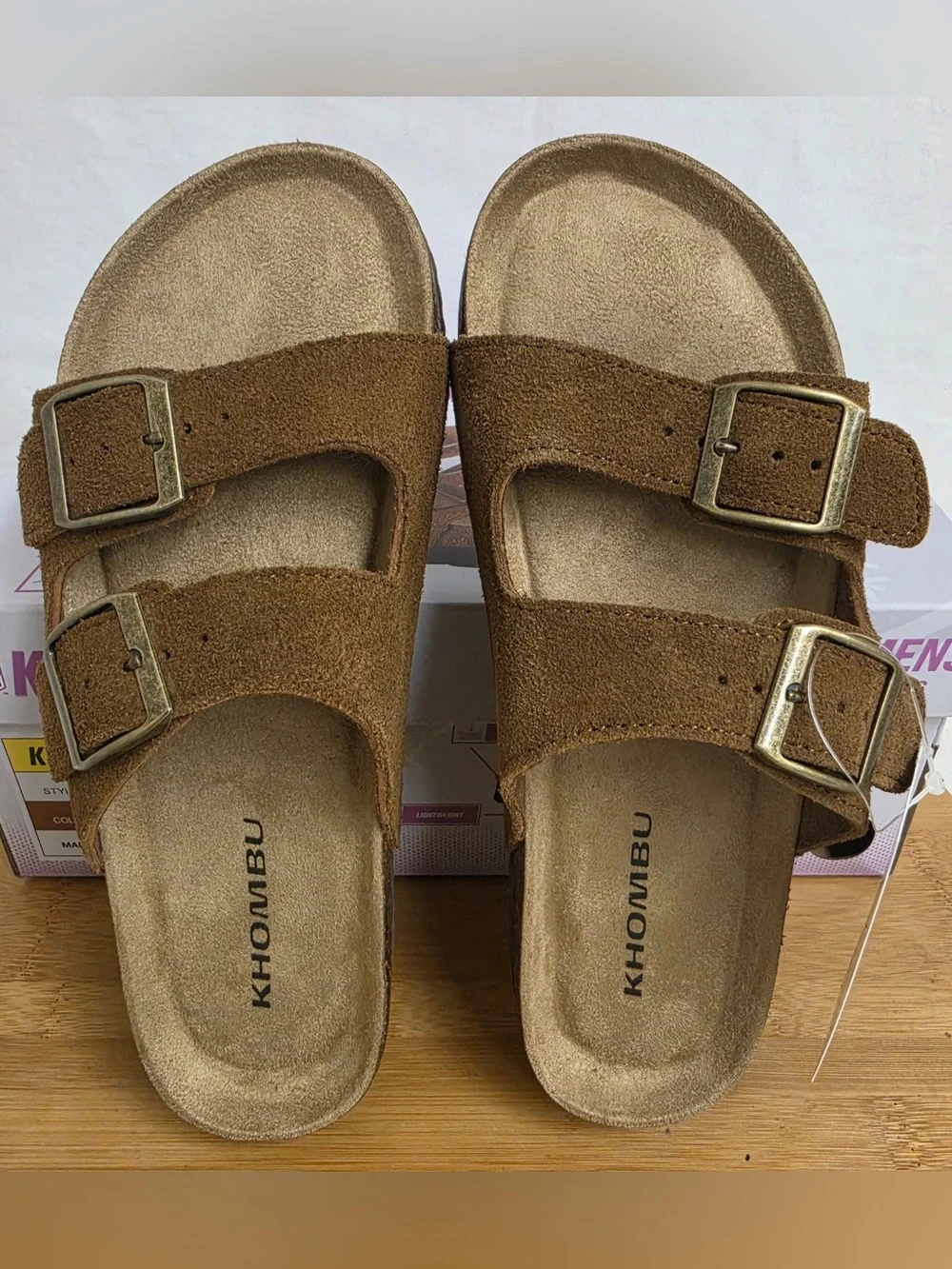 Khombu Ashville Women's 6 Brown Suede Double Buckle Cork Slide Sandals New