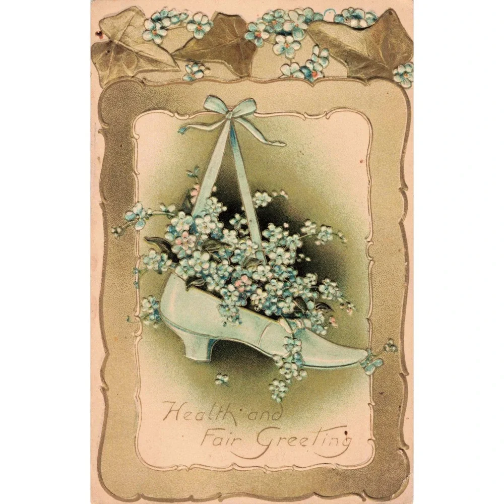 Antique 1909 Davidson Bros Postcard Embossed Blue Shoe Forget Me Nots Germany