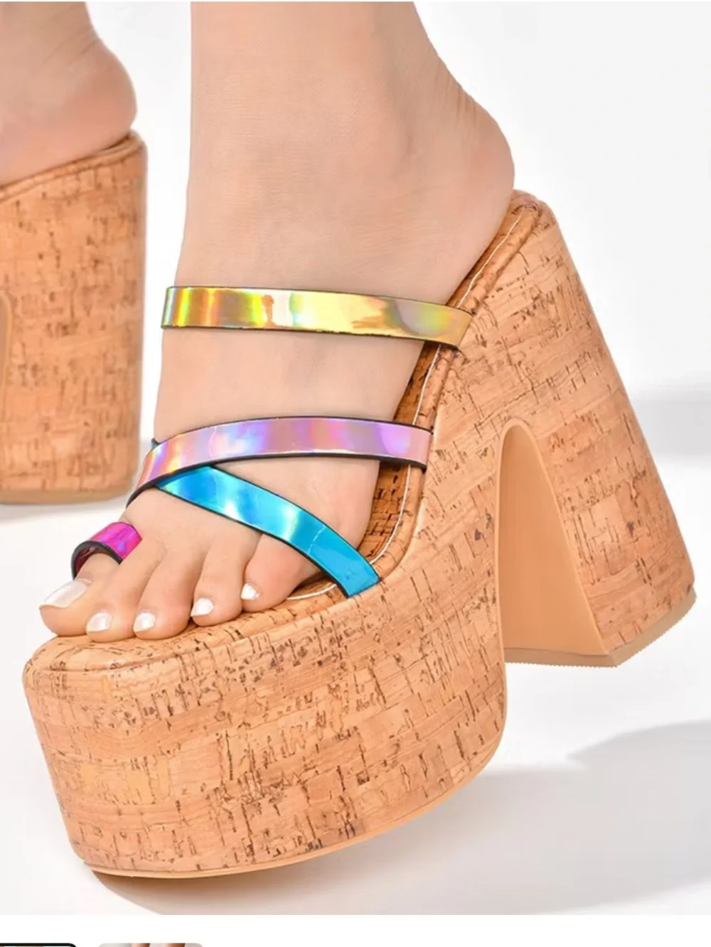 Cape Robbin Multicolor Iridescent Strap Cork Platform Mules