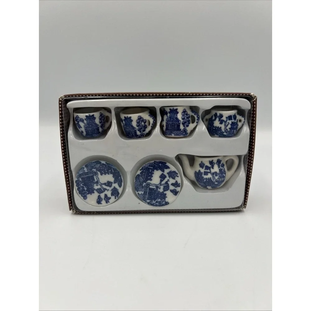 Vintage Blue White Porcelain Mini Tea Set Teapot 6 Cups Gift Box 7 piece Trinket