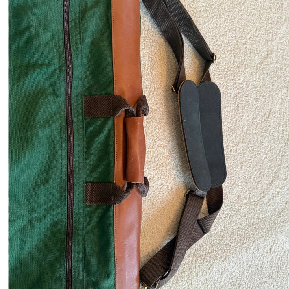 Vintage L.L. Bean Garment Bag Green Canvas Leather Trim Tri-Fold Travel Suit Bag