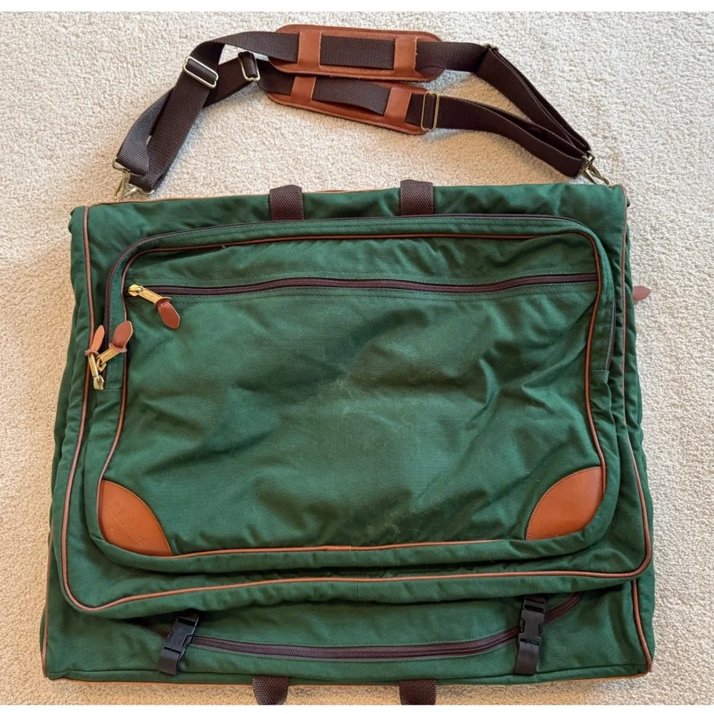 Vintage L.L. Bean Garment Bag Green Canvas Leather Trim Tri-Fold Travel Suit Bag