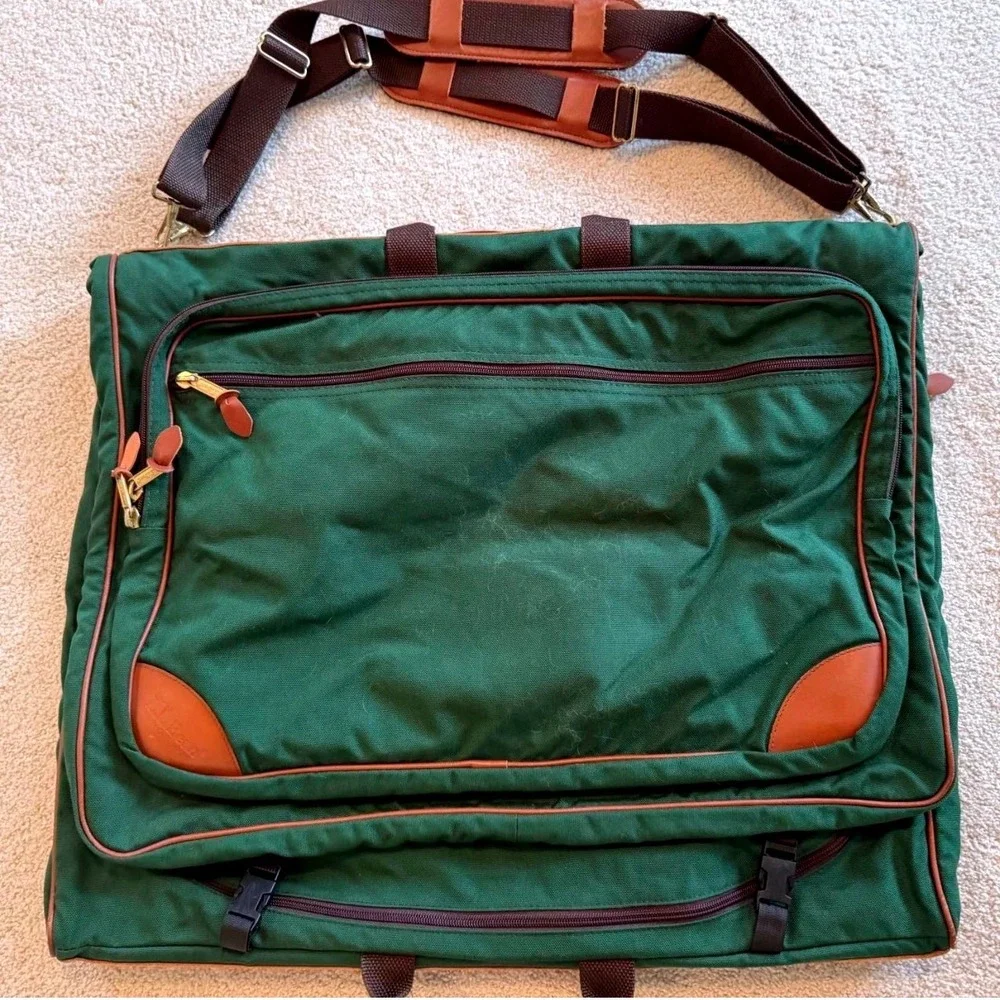 Vintage L.L. Bean Garment Bag Green Canvas Leather Trim Tri-Fold Travel Suit Bag