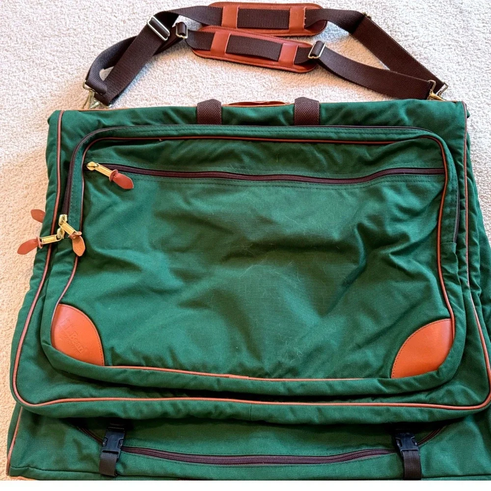 Vintage L.L. Bean Garment Bag Green Canvas Leather Trim Tri-Fold Travel Suit Bag