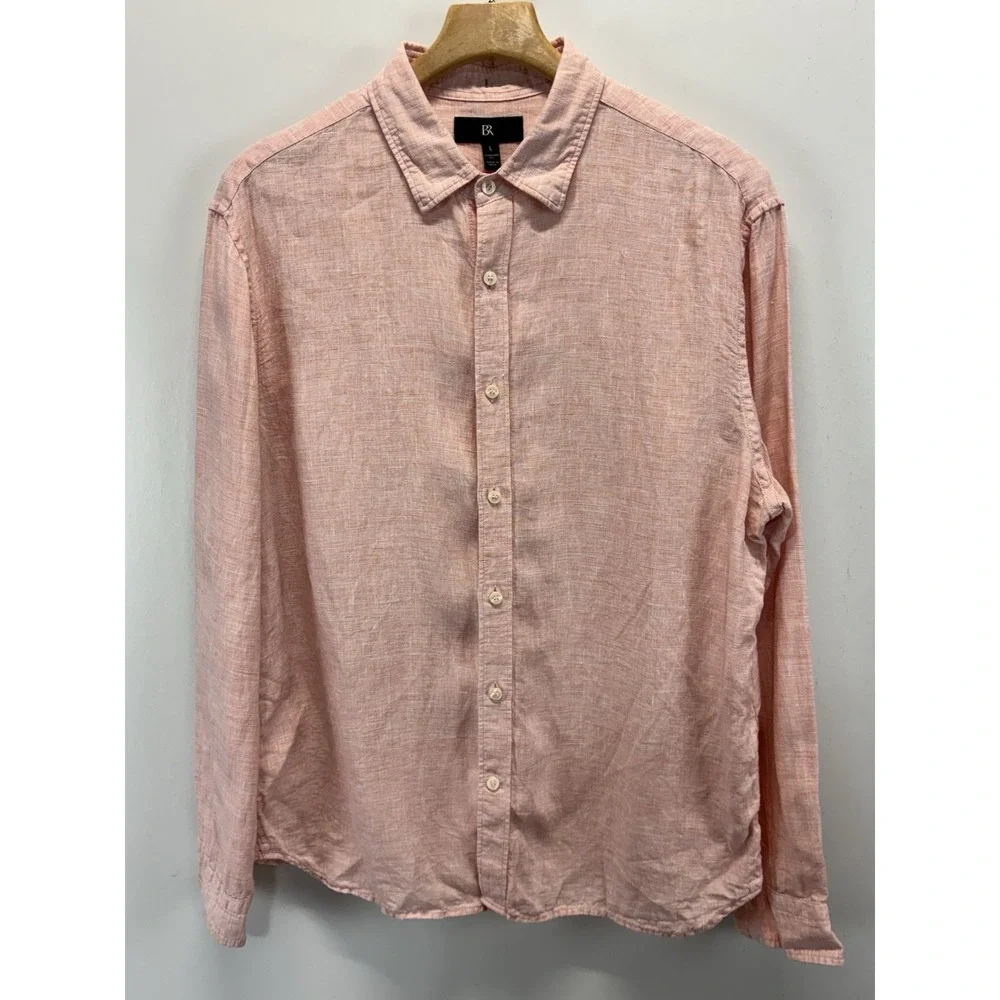Banana Republic 100% Linen Shirt Men's L Pink Orange Coastal Beach Standard Fit