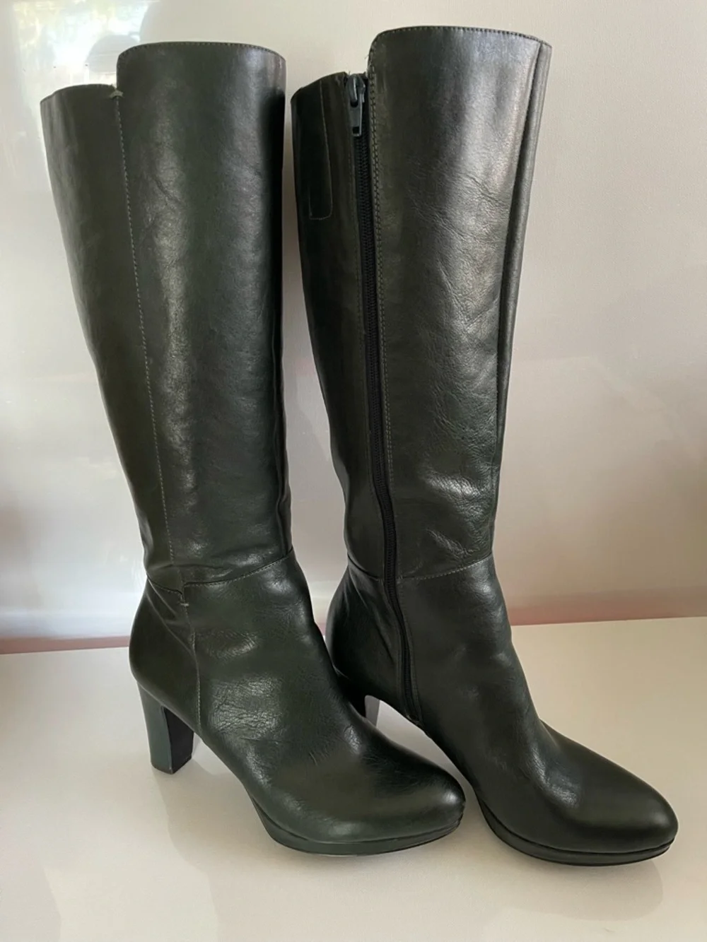 Nine West Tall Leather Boots Dark Green Sz 9.5M EUC Boho Fall Festival