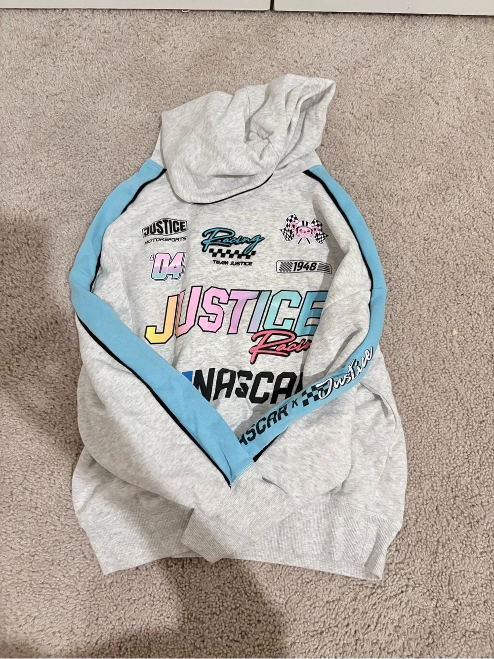 Justice NASCAR Racing Hoodie - Light Gray with Black Trim and Teal Graphic