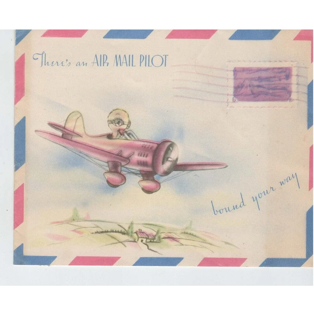 Vintage 1940s-50s Air Mail Pilot Duck Get Well Card Pink Airplane Used