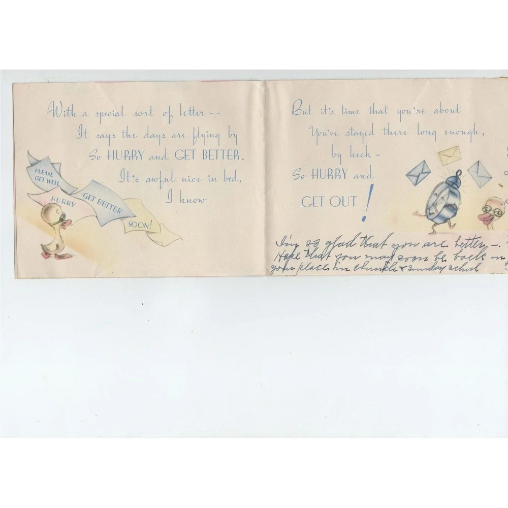 Vintage 1940s-50s Air Mail Pilot Duck Get Well Card Pink Airplane Used