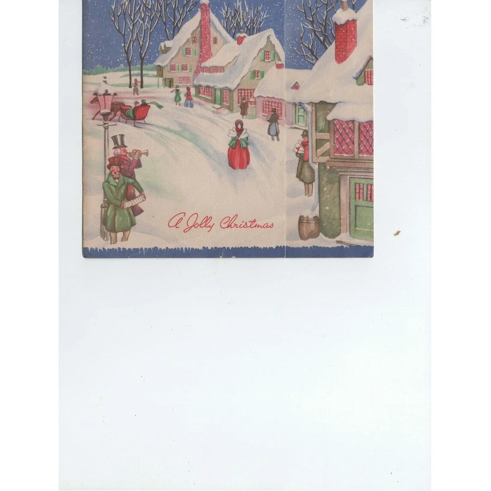 Vintage 1950s Christmas Greeting Card Snowy Village Carolers Sleigh VG