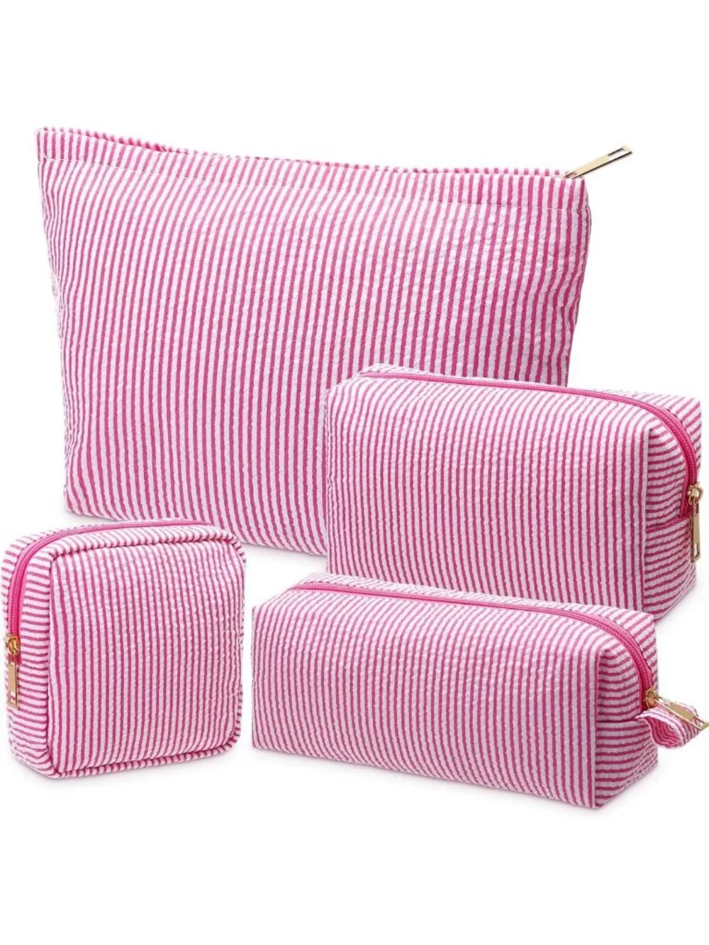 4 Pcs Seersucker Makeup Bag Set - Large Travel Toiletry Organizer, Aesthetic
