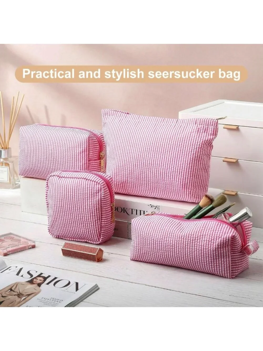 4 Pcs Seersucker Makeup Bag Set - Large Travel Toiletry Organizer, Aesthetic