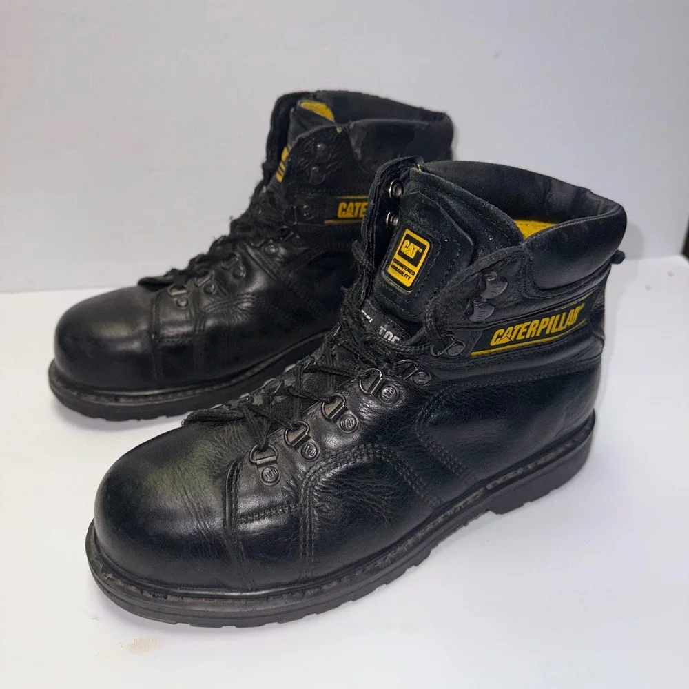 Caterpillar Steel Toe Work Boots Mens 9 Black Leather Lace Up Padded Collar