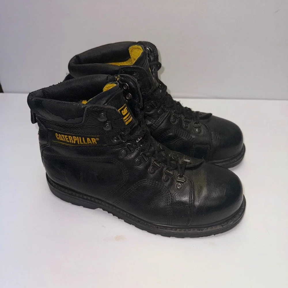 Caterpillar Steel Toe Work Boots Mens 9 Black Leather Lace Up Padded Collar